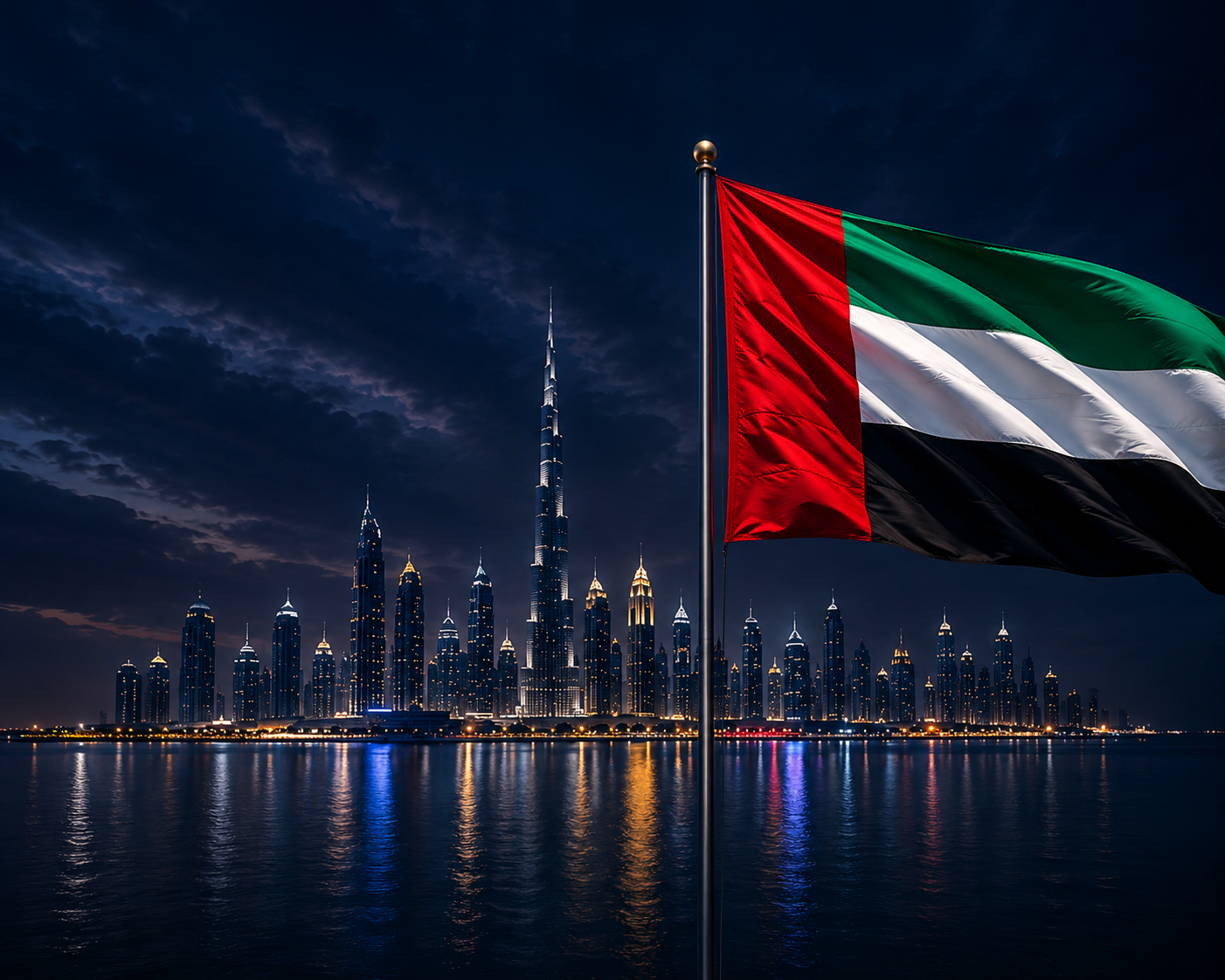 Dubai skyline with UAE flag